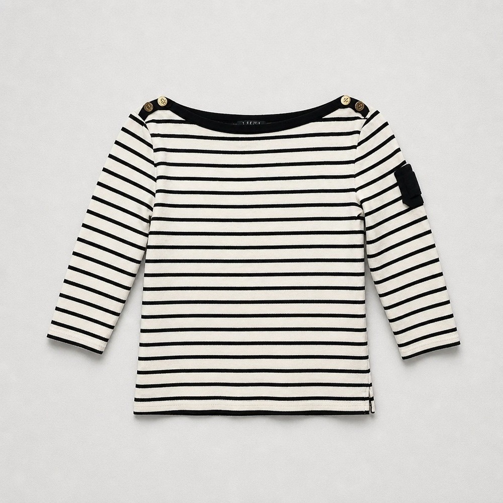 Lauren Ralph Lauren Striped Boat‎ Neck Top M Cream Black Gold Button Nautical